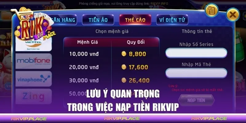 Lưu ý trong việc nạp tiền